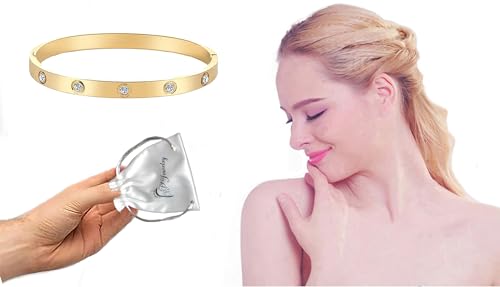 Stainless Steel for Ladies Men Bracelet Bangle Yellow 18k Gold Plated Diamonique CZ stone crystal - color: Gold