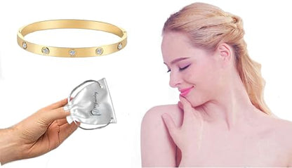 Stainless Steel for Ladies Men Bracelet Bangle Yellow 18k Gold Plated Diamonique CZ stone crystal - color: Gold