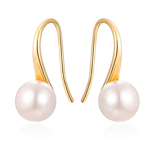 925 Sterling Silver Hoop Handpicked AAA+ Quality 7.5-8mm White Freshwater Cultured Pearl Dangle Drop Earrings Jewelry for Women - color: 2. 18k Gold Plated