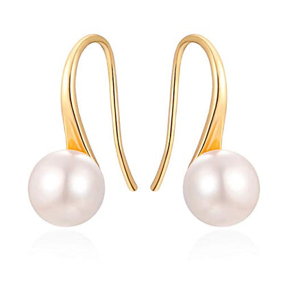 925 Sterling Silver Hoop Handpicked AAA+ Quality 7.5-8mm White Freshwater Cultured Pearl Dangle Drop Earrings Jewelry for Women - color: 2. 18k Gold Plated
