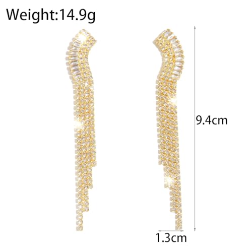 Gold Rhinestone Tassel Dangle Earrings for Women,Long Sparkly Crystal Statement Earring,Trendy Bridal Wedding Prom Jewelry Accessories - color: Golden