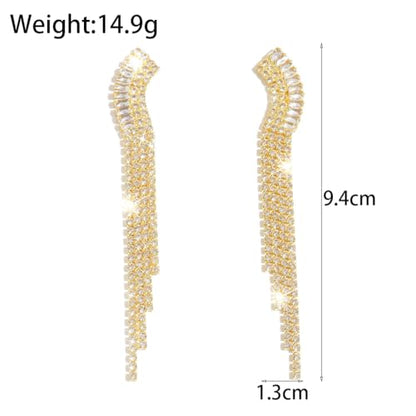 Gold Rhinestone Tassel Dangle Earrings for Women,Long Sparkly Crystal Statement Earring,Trendy Bridal Wedding Prom Jewelry Accessories - color: Golden