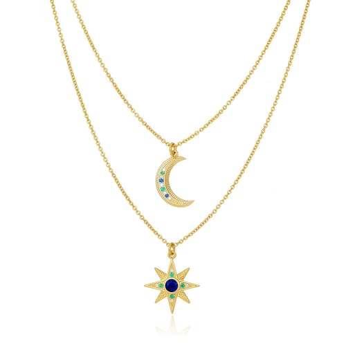 Celestial Star Moon Pendant Necklaces for Women Trendy, 14K Gold Plated Dainty Charm Necklaces with Green Blue Zircon, Gold Pendant Necklace for Wedding & Everyday Wear - style: Moon & Star Layered Necklace