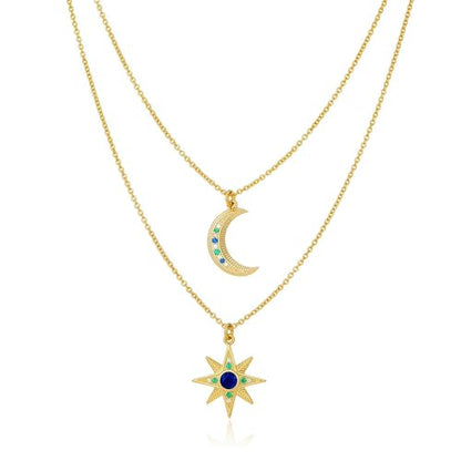 Celestial Star Moon Pendant Necklaces for Women Trendy, 14K Gold Plated Dainty Charm Necklaces with Green Blue Zircon, Gold Pendant Necklace for Wedding & Everyday Wear - style: Moon & Star Layered Necklace