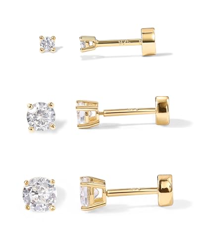 PAVOI 14K Gold Plated Solid 925 Sterling Silver Post Cubic Zirconia Stud Flat Back Earrings for Women | Cartilage Earring | Helix Piercing Jewelry | Small Stud Earrings for Women - color: Yellow Gold, size: Set of 3 (2mm, 3mm & 4mm)