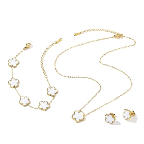 Clover Neckalce Earring Set for Women 14K Gold Plated Stainless Steel Four Leaf Clover Jewelry Set - color: G-White