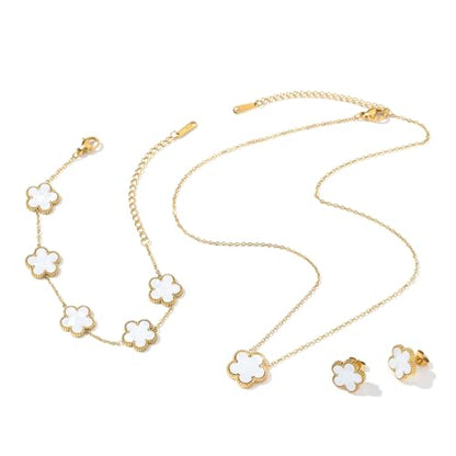 Clover Neckalce Earring Set for Women 14K Gold Plated Stainless Steel Four Leaf Clover Jewelry Set - color: G-White