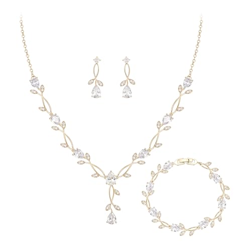 Crysdue Wedding Jewelry Set for Brides Bridesmaid, Cubic Zirconia Teardrop Marquise Leaf Cluster Pendant Necklace Bridal Tennis Bracelet Drop Earrings for Women Party Prom - style: A- CZ set- gold