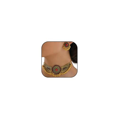 Frodete Indian Jewelry Sets for Women Traditional Bohemian Wedding Jewelry Set Indian Dresses for Women Oxidized Ethnic Party Prom Wear - color: C2:red indian necklace earring sets