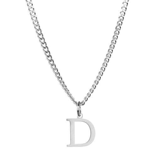 Men’s Minimal Initial Necklace, Stainless Steel Gold Silver Tone 26 Letters Pendant Necklace for Men Women 3.5mm Cuban Chain Waterproof - style: D