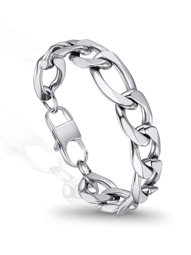 PROSTEEL Bracelets for Men, Figaro/Cuban Mens Bracelet, Silver/Gold/Black | 6/9/13mm Width, 7.5/8.3/9" Length, Stainless Steel Mens Bracelet, Durable & Non Tarnish, Chunky Jewelry with Gift Box - style: C 13mm-Figaro-Sliver