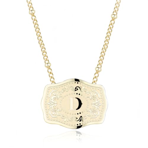 14K Gold-Plated Initial Necklace for Women, Western Belt Buckle Letter Pendant, Alphabet Necklace Includes 2 Chains, Cowgirl Jewelry Gift - color: D