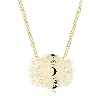 14K Gold-Plated Initial Necklace for Women, Western Belt Buckle Letter Pendant, Alphabet Necklace Includes 2 Chains, Cowgirl Jewelry Gift - color: D