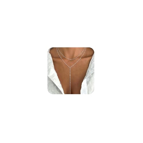 CHESKY Lariat Necklace for Women，14k Gold/Sliver Plated Layered Necklace | Gold/Sliver Long Necklace，Dainty Cross Pendant, Wedding Y-Shaped Drop Chain, Waterproof Jewelry Gift for Women Everyday Wear - style: SquareBead