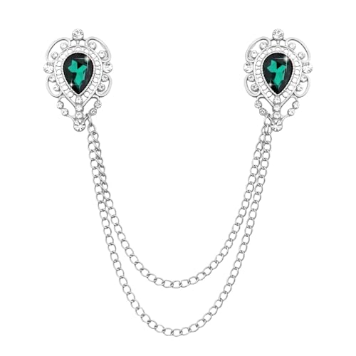 Teardrop Rhinestone Brooch Mens Lapel Pins for Shirt Collar Hanging Chain Brooch Suit Pin Crystal Rhinestone Lapel Pins for Men - color: Green-J