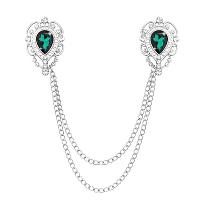 Teardrop Rhinestone Brooch Mens Lapel Pins for Shirt Collar Hanging Chain Brooch Suit Pin Crystal Rhinestone Lapel Pins for Men - color: Green-J