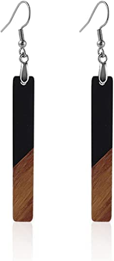 Boho Dangling Statement Earrings Simple Chic Wooden Earrings, Resin Geometric Bar Pendant Wood Earrings - color: black