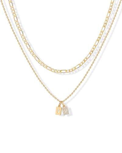PAVOI Initial Necklace for Women, 14K Gold Plated Double Dog Tag CZ Pendant | Dainty Necklace, Letter Tag Necklace, Cubic Zirconia Pendant, Box Chain Necklace - style: - V