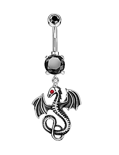 Belly Button Ring Dangle, Cross Belly Button Ring, Navel Piercing | 316L Surgical Steel, AAA+ Cubic Zirconia, Nickel-Free, Hypoallergenic, Multi-Style, 14 Gauge 10 mm Screw On Piercing Stud - style: Black Dragon