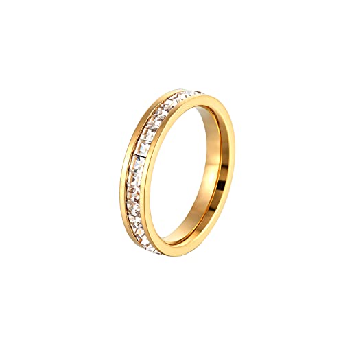 18K Gold Plated Rings for Women, Stainless Steel White Gold Eternity Band Ring with Sparkling Cubic Zirconia, 4mm Stackable Wedding Promise Ring, Comfort Fit Band Size 5/6/7/8/9, Mothers Day Jewelry Gifts - color: Gold