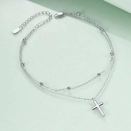 925 Sterling Silver Cat Butterfly Anklets Double Layered Chain for Birthday Women Ankle Bracelet Summer Beach Dainty Jewelry - style: B-Cross Anklet