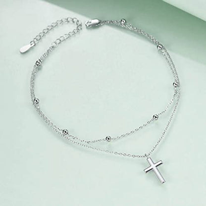 925 Sterling Silver Cat Butterfly Anklets Double Layered Chain for Birthday Women Ankle Bracelet Summer Beach Dainty Jewelry - style: B-Cross Anklet