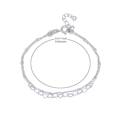 Vanbelle Genuine Sterling Silver Jewelry - Rhodium Plated with 925 Stamp - Interlinked Hearts Charm Bracelet - Handcrafted with Multi Chain for Women - 6.5" long + 1" extender