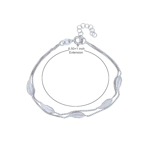 Vanbelle Genuine Sterling Silver Jewelry - Rhodium Plated with 925 Stamp - Designer Leaf Anklet - Elegant handcrafted Double layered Chain Bracelet for Women - 6.5" long + 1" extender