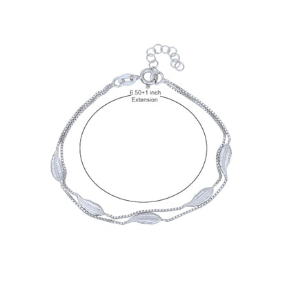Vanbelle Genuine Sterling Silver Jewelry - Rhodium Plated with 925 Stamp - Designer Leaf Anklet - Elegant handcrafted Double layered Chain Bracelet for Women - 6.5" long + 1" extender