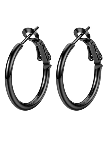 FOCALOOK 14K Gold Plated Lightweight Large Hoops| 2mm Thin Hoop Earrings for Women 30/40/50/70/100mm - color: 01.Black, size: 20mm
