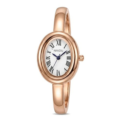 Women's Oval Bangle Watch, Elegant Open-Cuff Bracelet Wrist Watch with Roman Numeral Dial, Minimalist Luxury Fashion Quartz Watch for Ladies - color: Gold/White