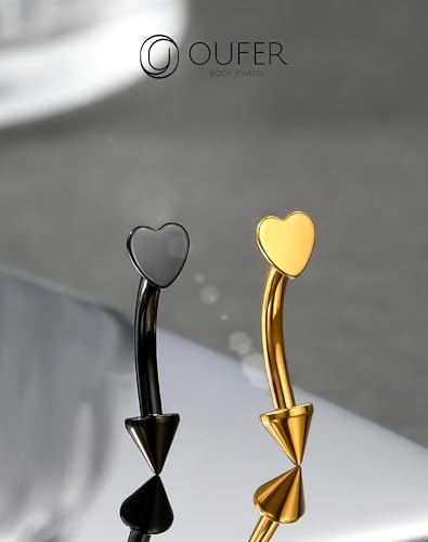 OUFER Rook Piercing Jewelry, G23 Solid Titanium Eyebrow Rings, Heart Vertical Labret Lip Jewelry, 16G Curved Barbells, Daith Rook Earrings for Women Men - color: Black Heart, size: 16G 8mm