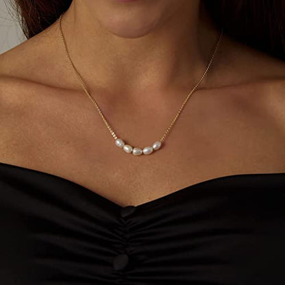 Pearl Necklace for Women, Dainty Pearls Choker Necklace for Women 14K Gold Plated Layered Pendant Necklace Handmade Gold Chain Necklace Everyday Jewelry Gift - color: Five Pearls-Gold
