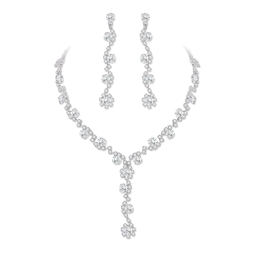 Crysdue Women's Wedding Bridal Jewelry Set for Brides Bridesmaids Cubic Zirconia Flower Leaf Vine Necklace Dangle Earrings for Prom Party - style: 27-silver