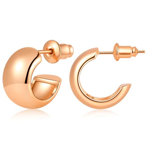 Gamicy Small Gold Hoop Earrings for Women with 925 Stering Silver Post | 14K Gold Plated Hoop Earrings for Women Trendy, Chunky Lightweight Hoops Earrings - color: Rose Gold, size: 13MM