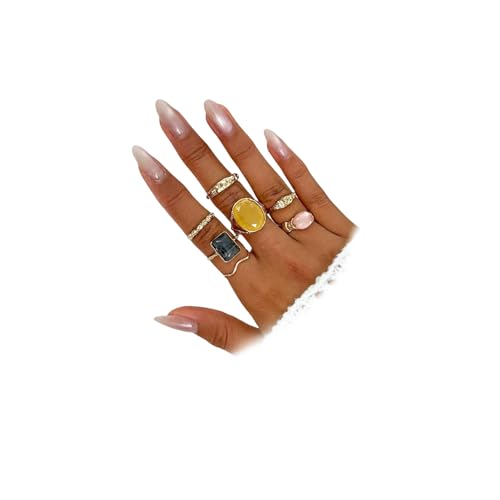 Statement Colorful Crystal Chunky Gold Hammered Dome Knuckle Rings Stackable for Women, Retro Thick Resin Ring Stacking Prom Party Jewelry Accessories - color: Orange