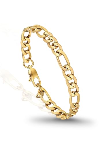 PROSTEEL Bracelets for Men, Figaro/Cuban Mens Bracelet, Silver/Gold/Black | 6/9/13mm Width, 7.5/8.3/9" Length, Stainless Steel Mens Bracelet, Durable & Non Tarnish, Chunky Jewelry with Gift Box - style: A 6mm-Figaro-Gold
