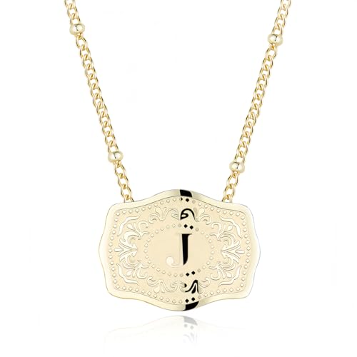 14K Gold-Plated Initial Necklace for Women, Western Belt Buckle Letter Pendant, Alphabet Necklace Includes 2 Chains, Cowgirl Jewelry Gift - color: J