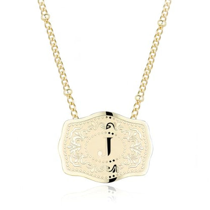 14K Gold-Plated Initial Necklace for Women, Western Belt Buckle Letter Pendant, Alphabet Necklace Includes 2 Chains, Cowgirl Jewelry Gift - color: J