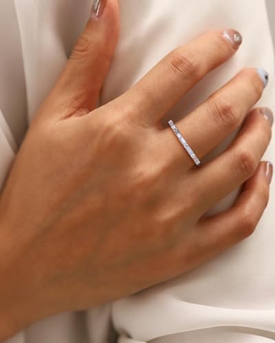 925 Sterling Silver 1.5mm Thin Baguette Stackable Rings for Women | Created Ruby/Sapphire/Emerald/Cubic Zirconia,Dainty Wedding Band Birthday Anniversary Jewelry(with Gift Box) - color: 02-Cubic Zirconia