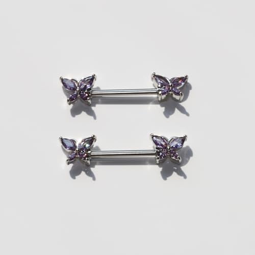 BSJ4U Nipple Piercing Jewelry 14G Stainless Steel Nipple Rings for Women Heart Butterfly Flower Bow Nipple Barbells - color: Purple CZ Nipple Piercing Jewelry