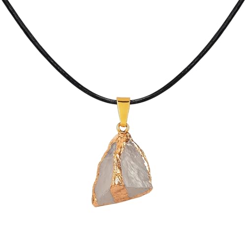 Raw Crystal Pendant Necklace – Natural Gemstone Chunk with Gold Electroplated Edge, Adjustable Cord Choker Jewelry for Women & Men, Healing Stone Gift
