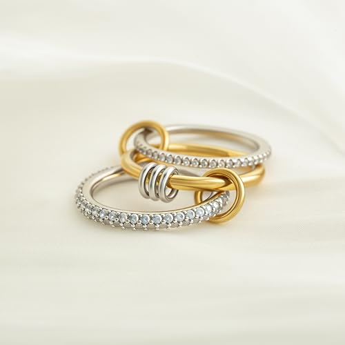 BKC Gold Stackable Rings for Women, 14k Gold Plated Chunky Statement Cubic Zirconia Rings, Silver Gold Multi Ring Interlocking Mixed Metals Stack Rings Set Non Tarnish - color: Harmony set, size: 7