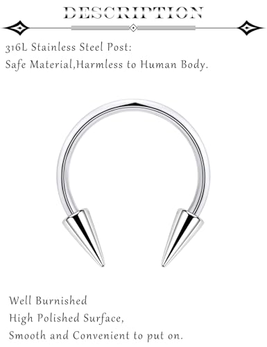 Long Spike Septum Rings 16G Surgical Steel Snake Bite Jewelry Lip Rings Smiley Piercing Jewelry for Women Men 6mm/8mm/10mm/12mm - color: silver-tone,8pcs,16g,Dia.6-12mm