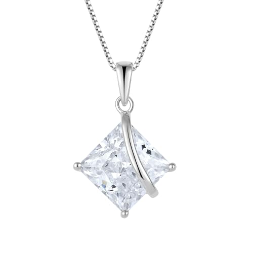 Square Princess Cut Necklace 925 Sterling Silver Solitaire Pendant Necklace Birthstone Jewelry Gifts for Women - color: 04 April - Zirconia