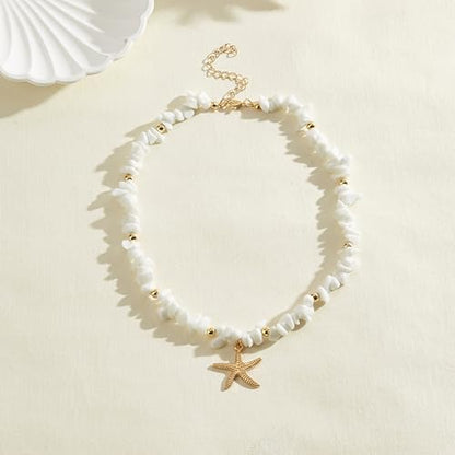 Gold Starfish Necklace Natural Stone Beaded Necklaces for Women Boho Handmade Irregular Stone Bead Necklace Summer Beach Ocean Jewelry Gift - color: White