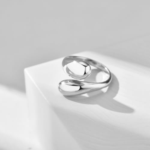 NOKMIT Chunky Gold Rings for Women Adjustable Open Teardrop Wrap Bypass Statement Band Gold Silver Tone High Polished Smooth Comfort Fit - color: Silver