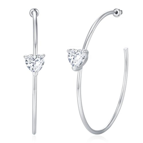 Large Gold Hoop Earrings for Women 14k Gold Plated with 925 Sterling Silver Post Big Open Hoops Earrings Trendy Cubic Zirconia Heart Hoop Earrings Jewelry Gifts for Women - color: silver 50mm