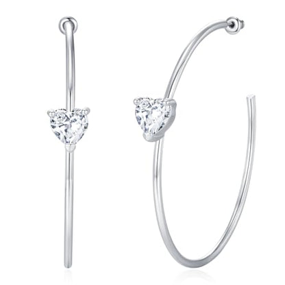 Large Gold Hoop Earrings for Women 14k Gold Plated with 925 Sterling Silver Post Big Open Hoops Earrings Trendy Cubic Zirconia Heart Hoop Earrings Jewelry Gifts for Women - color: silver 50mm