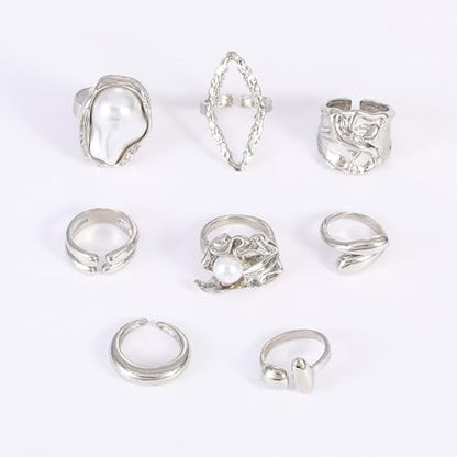 Chunky Gold Stackable Rings Set for Women Pearl Flower Rings Sets Dainty Carved Signet Joint Finger Midi Rings Pack Adjustable Chunky Knuckle Ring Statement Stacking Ring Pack - color: E-Silver-8Pcs